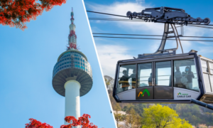 Namsan Tower: Cable car ride up, panoramic Seoul view from the observatory.